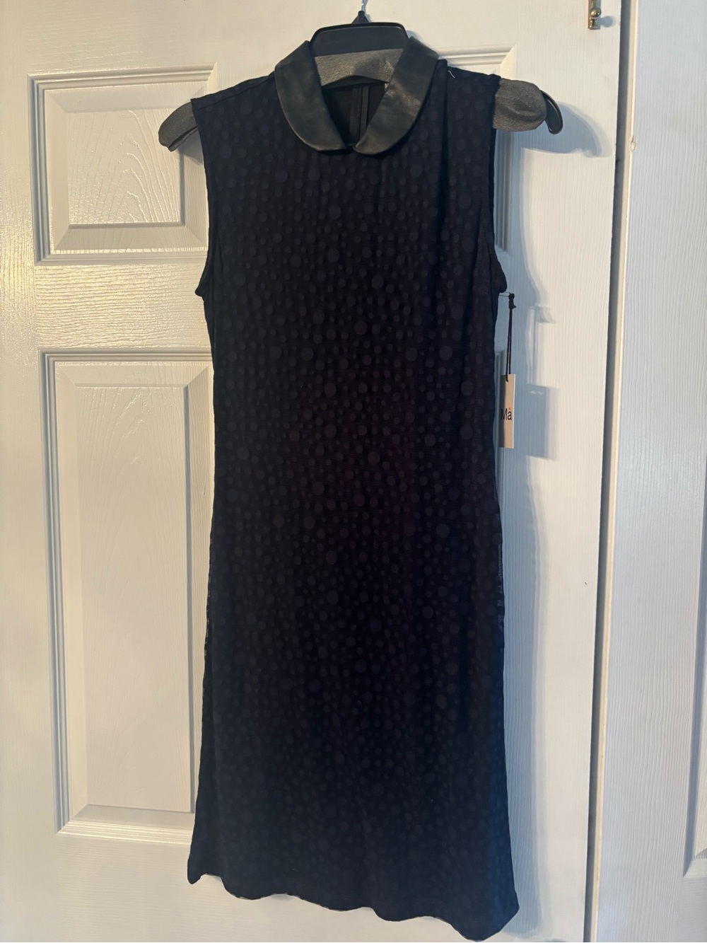 Sleeveless Black Textured Shift Dress with Faux Leather Peter Pan Collar